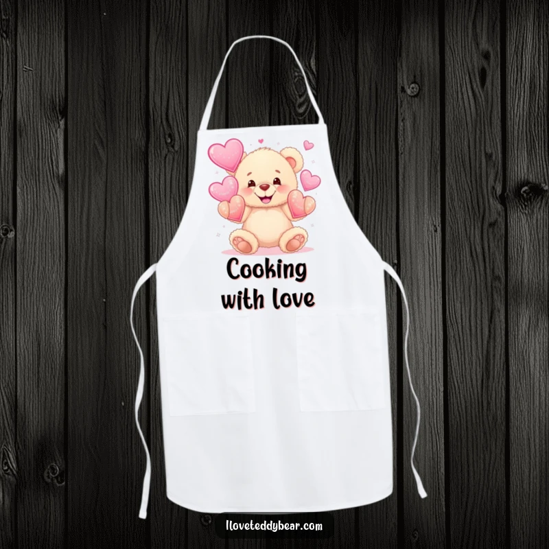 Funny apron with a fluffy teddy bear wide grinning while juggling sparkly hearts, perfect for a loving and joyful cooking experience.