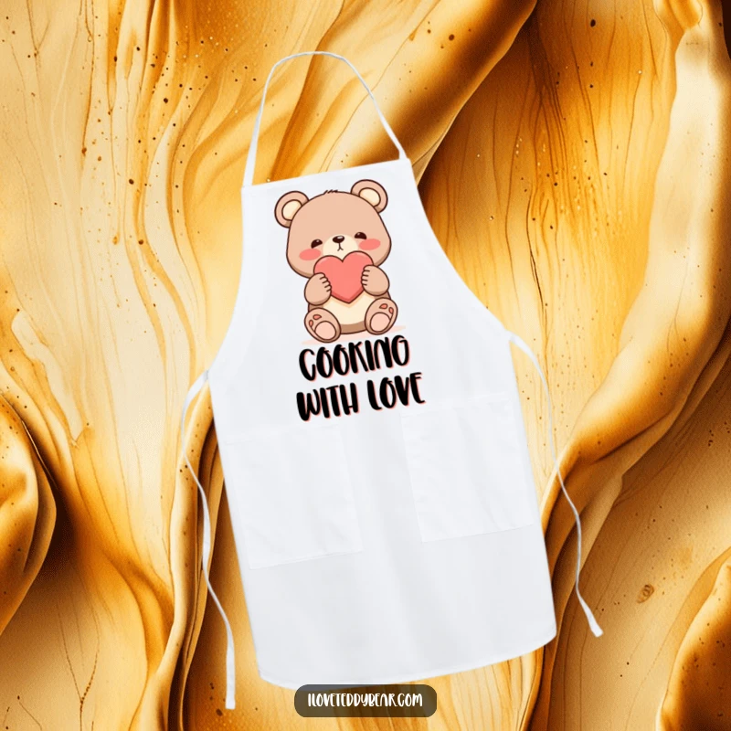 Funny shy bear apron, bear offering a single large heart with a blush, cute cartoon art, kitchen accessory.