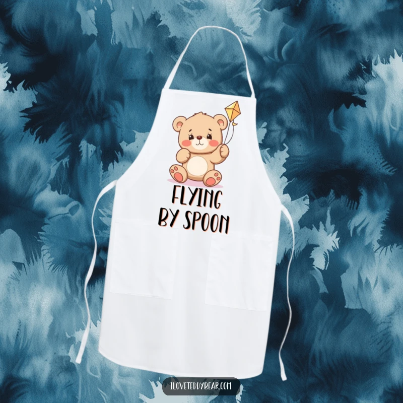 Funny teddy bear apron showing a bear with a determined expression, struggling to fly a kite, a metaphor for kitchen challenges.