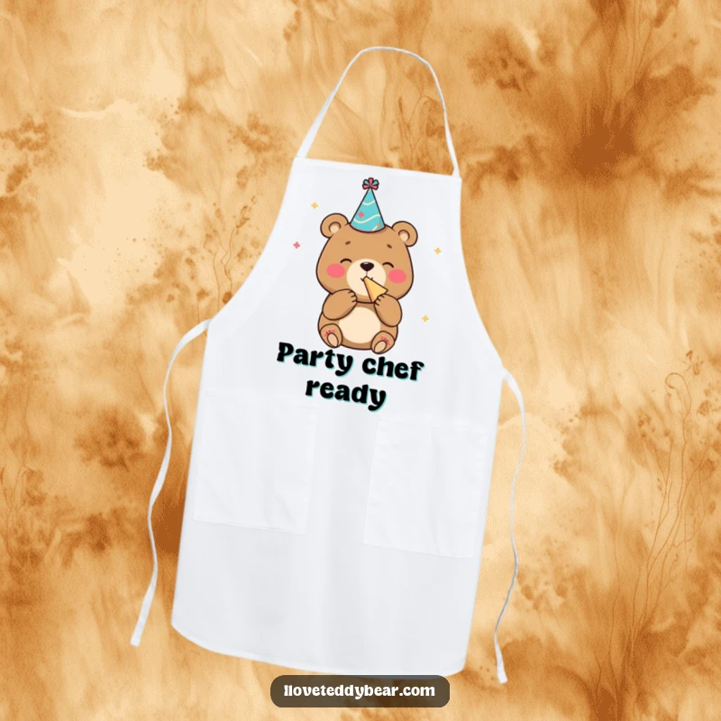 Funny apron with a bear in a party hat blowing a noisemaker with glee, adding humor to kitchen duties.