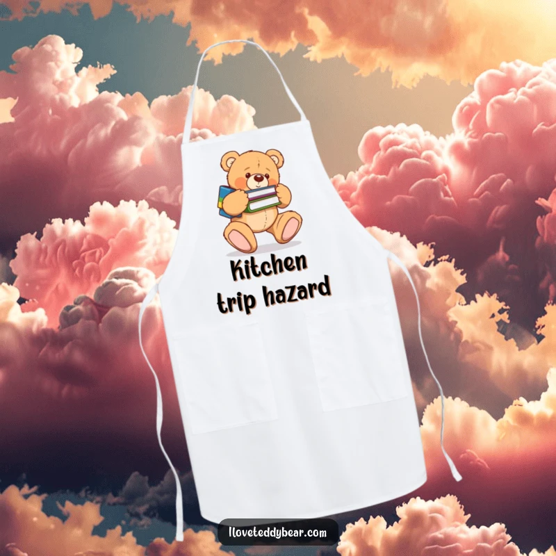 Funny apron showing a clumsy teddy bear tripping over its feet while carrying books, a humorous kitchen accessory. A great funny gift.