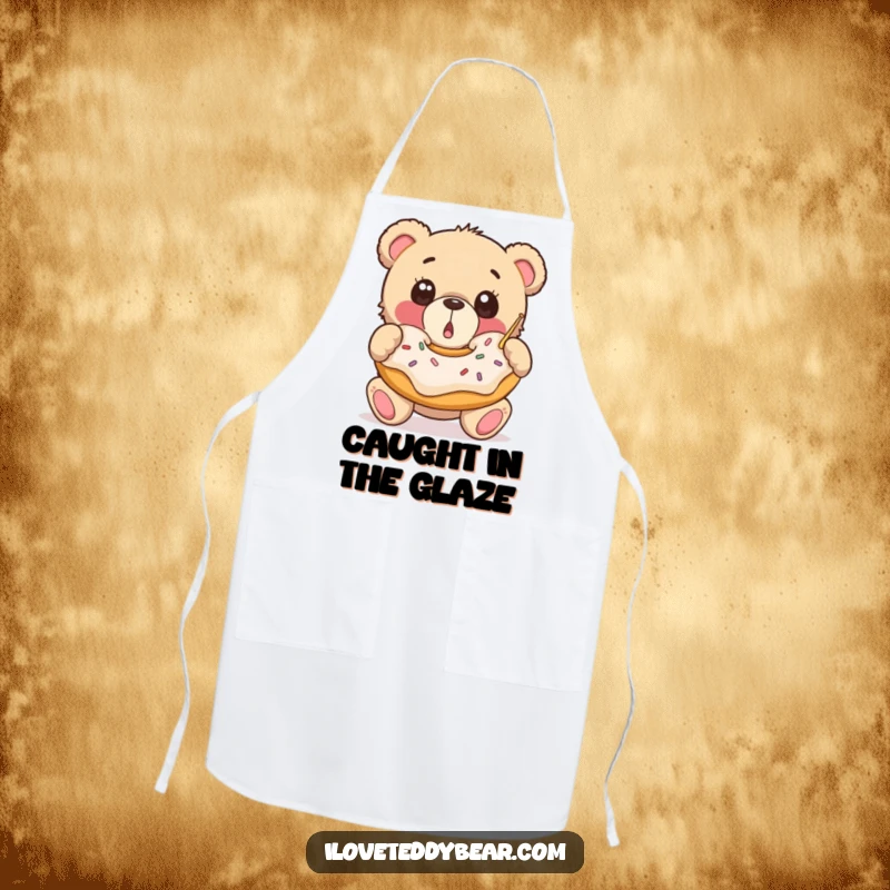 Funny Apron: A surprised teddy bear with wide eyes catches a large falling donut, blending culinary fun with a love for sweet treats.