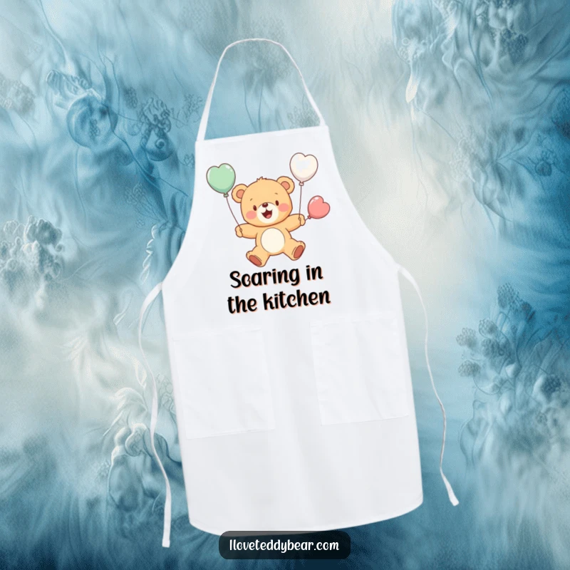 Funny apron showing a cheerful teddy bear attempting to fly with balloon wings while cooking, a humorous and inspiring image. A great funny gift.