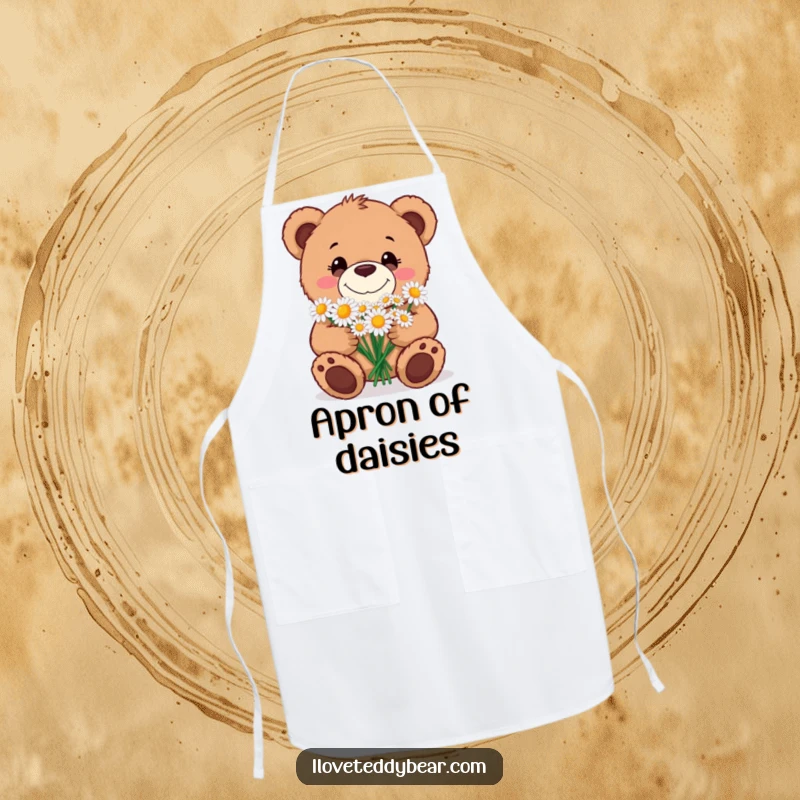 Funny Apron showing a teddy bear with a goofy grin, offering a bouquet of daisies, bringing playful charm to the kitchen.