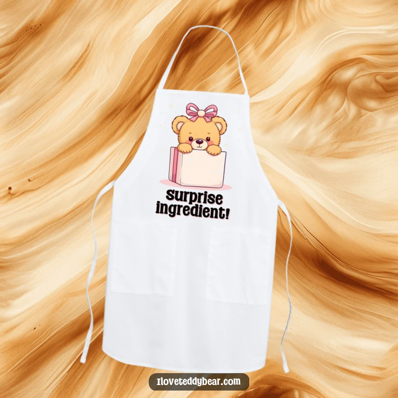 Funny apron with a teddy bear playfully peeking from behind a giant, sparkly present, ideal for playful kitchen moments.