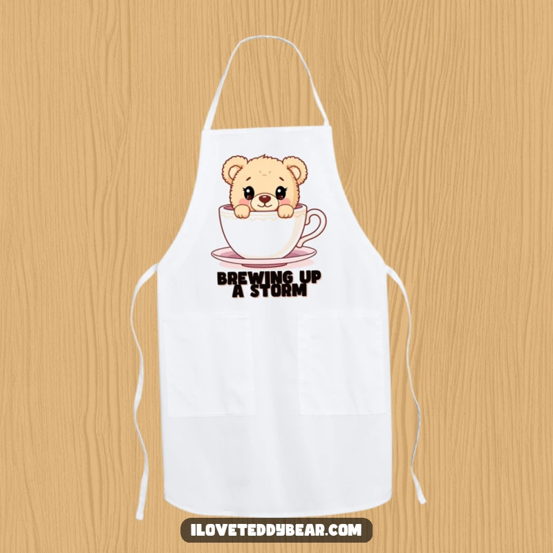 Funny Apron with a teddy bear playfully peeking out from behind a giant teacup, designed to protect clothes with a dose of cuteness.