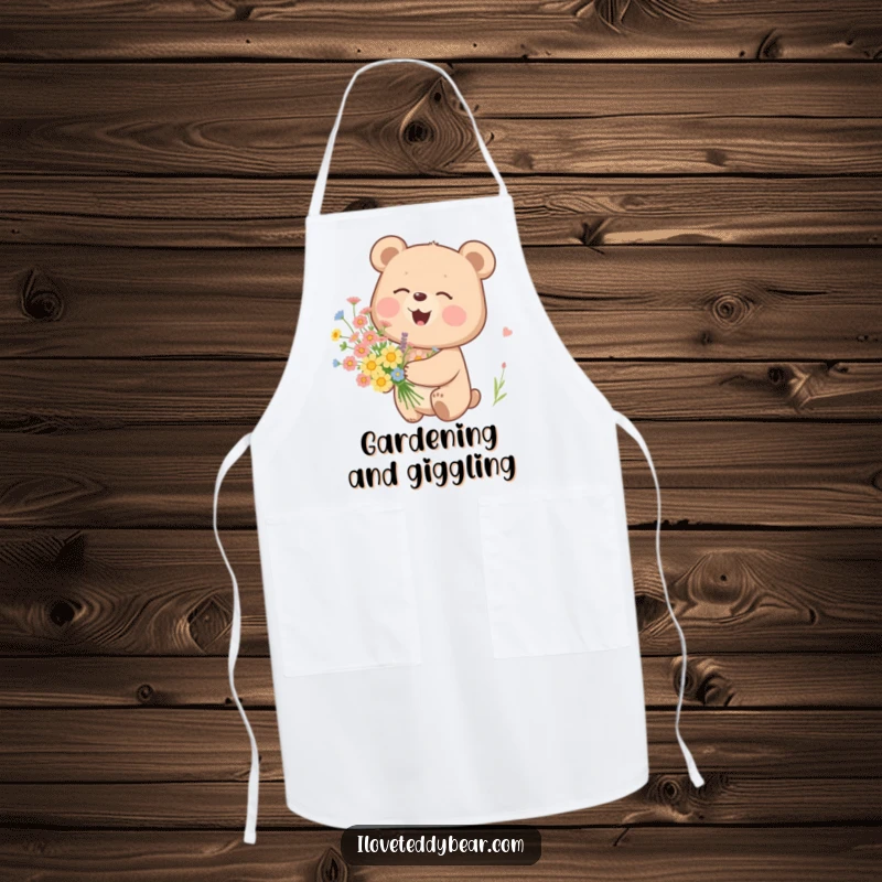 Funny apron featuring a bear giggling merrily while holding a bunch of wildflowers, ideal for kitchen or garden tasks.
