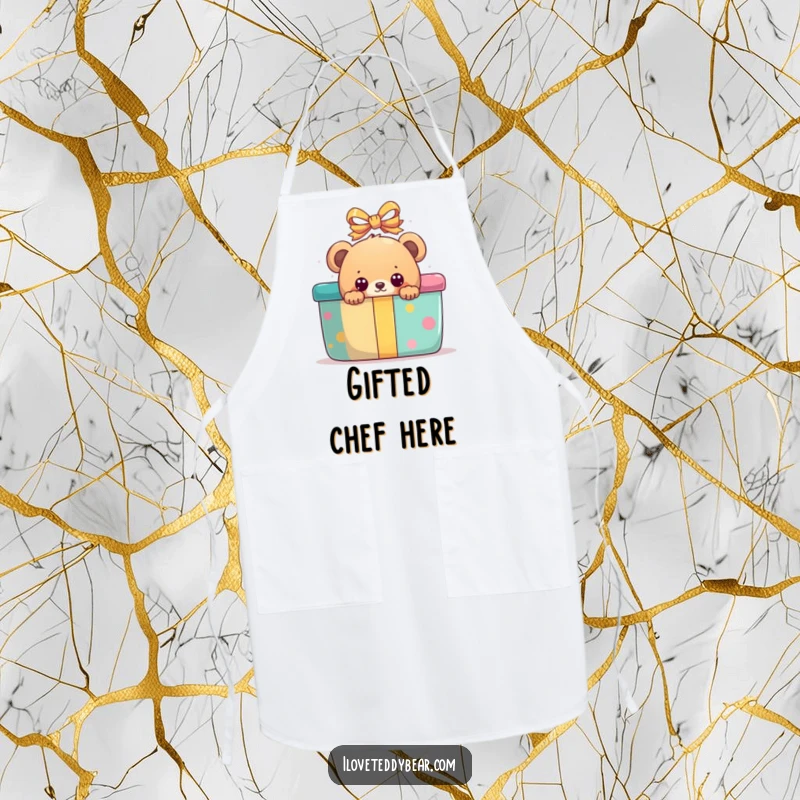 Funny apron showing a bear peeking with wide eyes from behind a large, colorful present, perfect for parties.