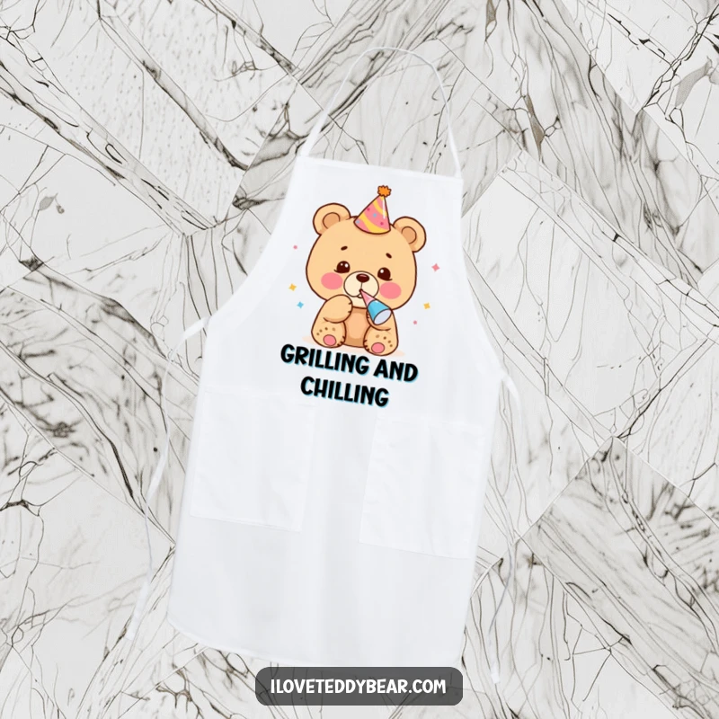 Funny Apron with a bear cub in party gear blowing a noisemaker, bringing festive humor to kitchen activities.