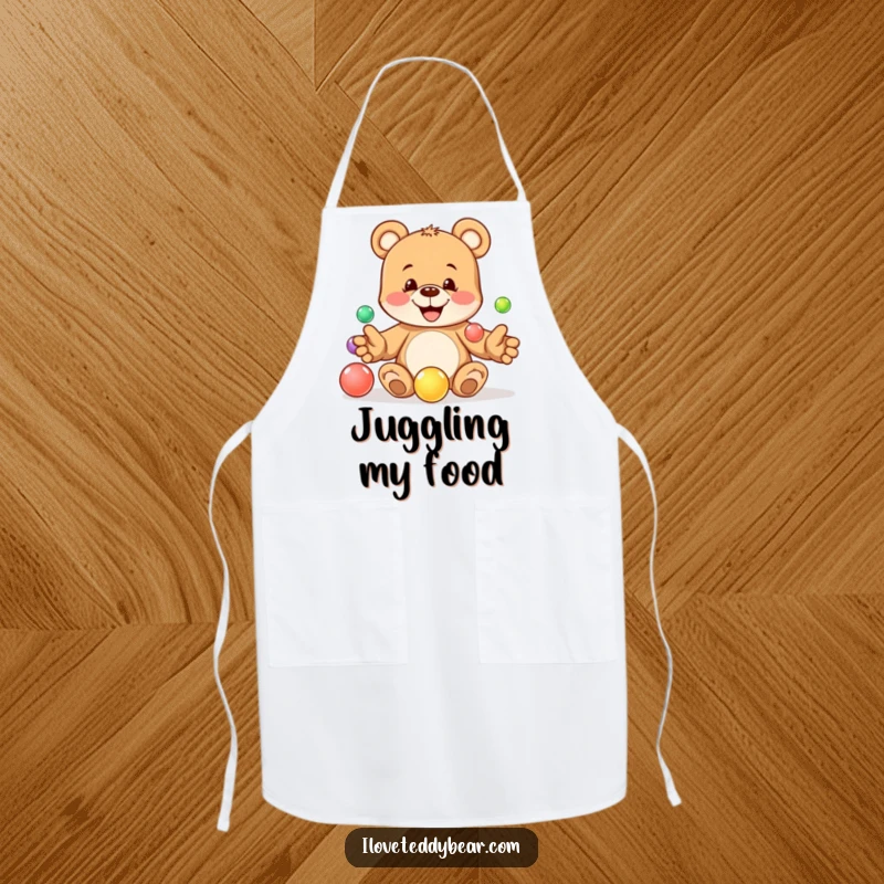Funny apron showing a playful teddy bear mischievously juggling marbles, a humorous and energetic kitchen accessory. A great funny gift.