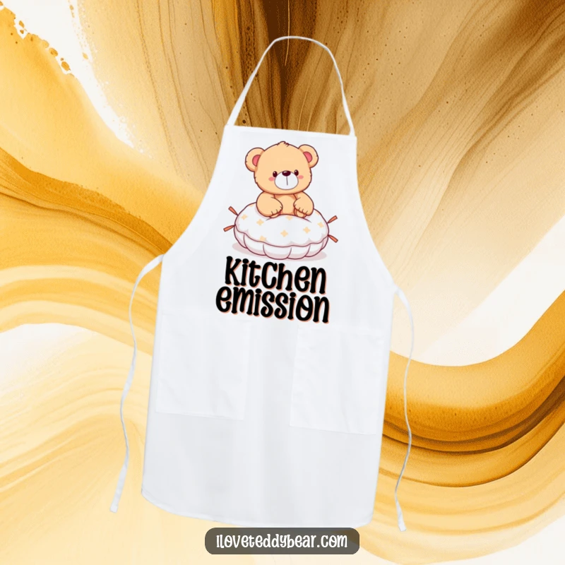 Funny teddy bear apron showing a bear surprised after sitting on a whoopee cushion, ready for kitchen hijinks.