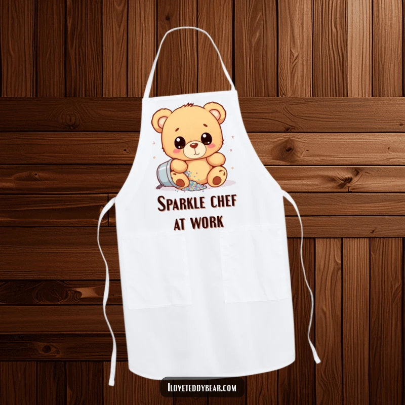 Funny apron showcasing a teddy bear with wide eyes, spilling a bucket of glitter, ideal for a humorous and sparkly cooking experience.