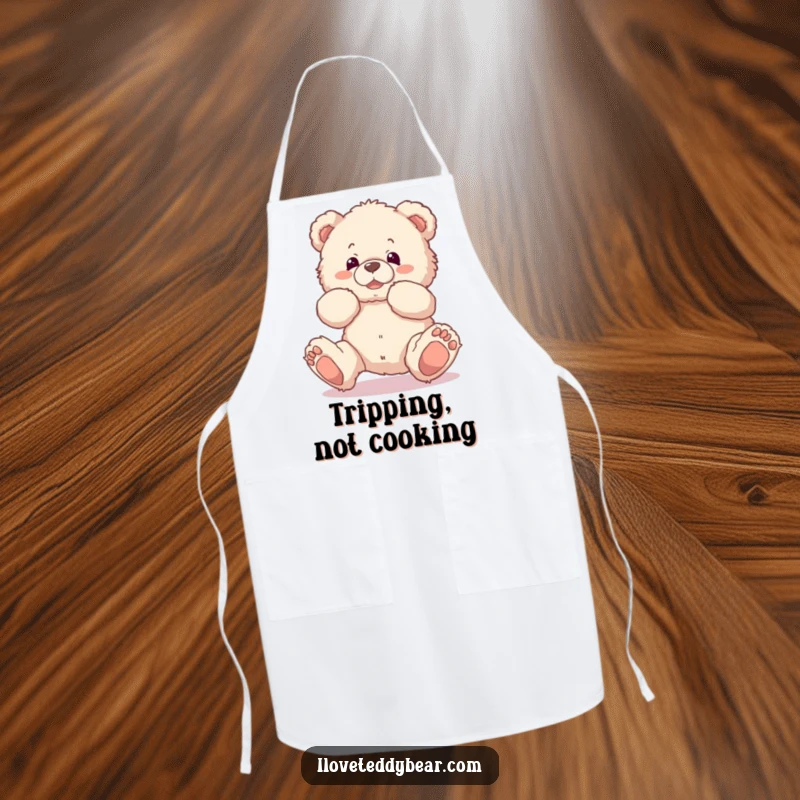 Funny apron depicting a fluffy teddy bear comically tripping over its own feet, perfect for cooks who enjoy a good laugh.