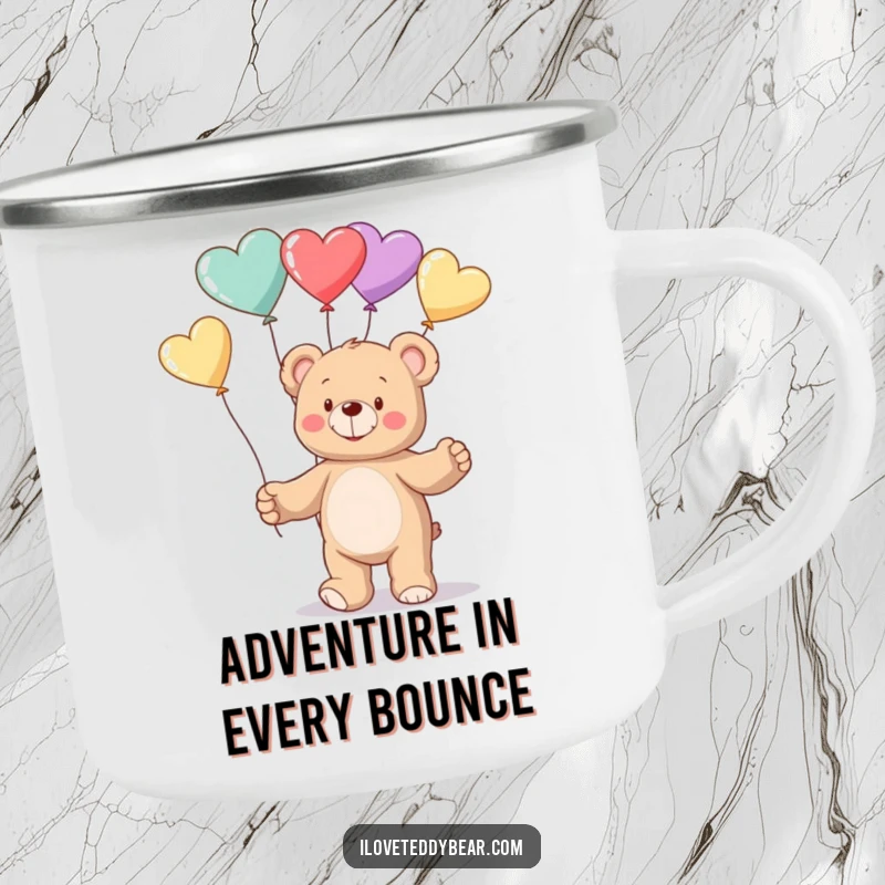 Funny Camping Mug with a teddy bear artistically juggling a cluster of red heart balloons, designed for durability and outdoor enjoyment.