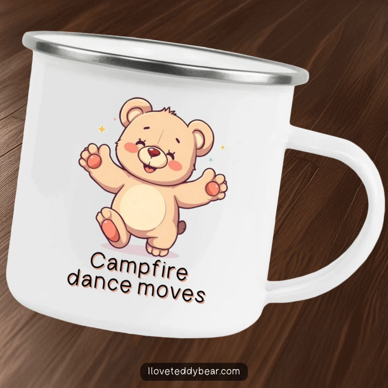 Funny Camping Mug showing a teddy bear doing a silly dance with its paws in the air, perfect for adding fun to outdoor trips.