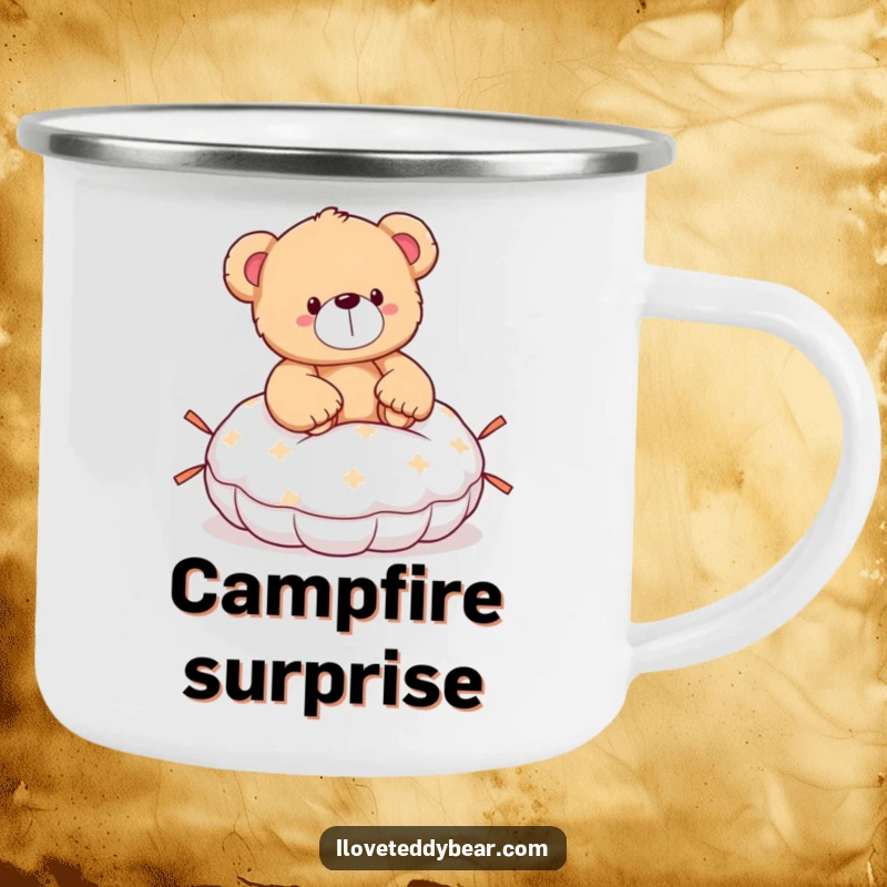 Funny teddy bear camping mug showing a bear surprised by a whoopee cushion, ready for outdoor silliness and laughs.