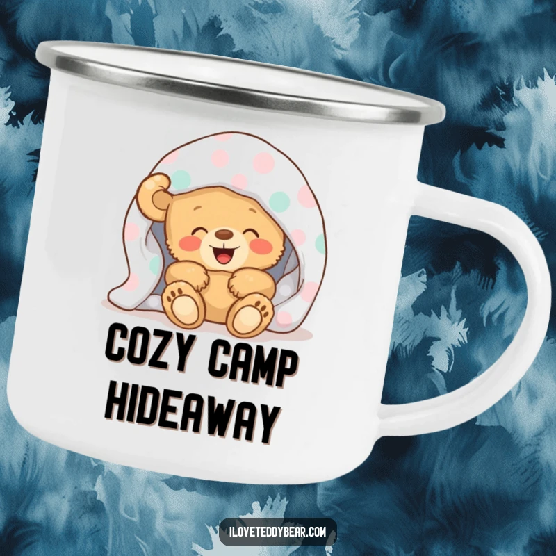 Funny Camping Mug with a giggling teddy bear hiding under a polka-dot blanket, designed for durability and cozy outdoor enjoyment.