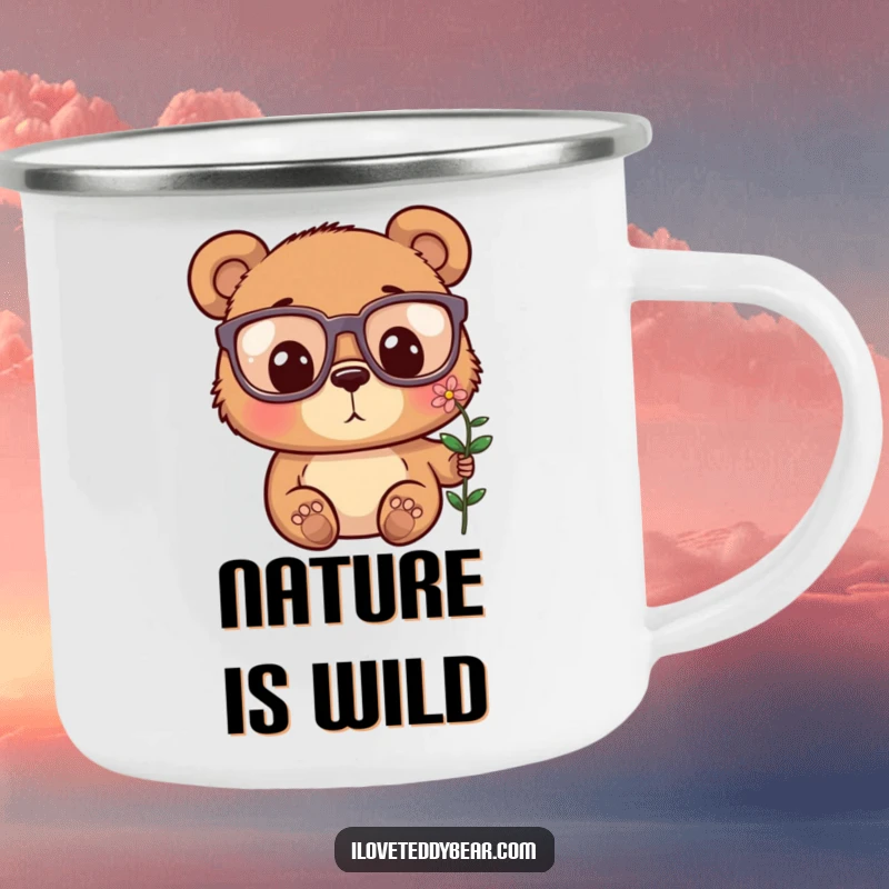 Funny, durable camping mug with a bear in large glasses looking surprised at a tiny flower, perfect for adventurers.