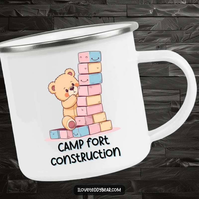 Funny teddy bear camping mug showing a bear struggling to build a block tower, ready for outdoor mishaps and laughs.