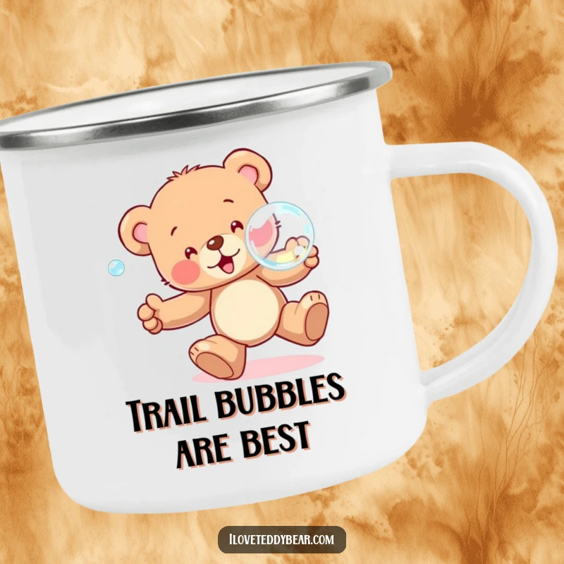 Funny Camping Mug showing a teddy bear gleefully pursuing a large, shiny bubble, perfect for adding fun to any outdoor excursion.