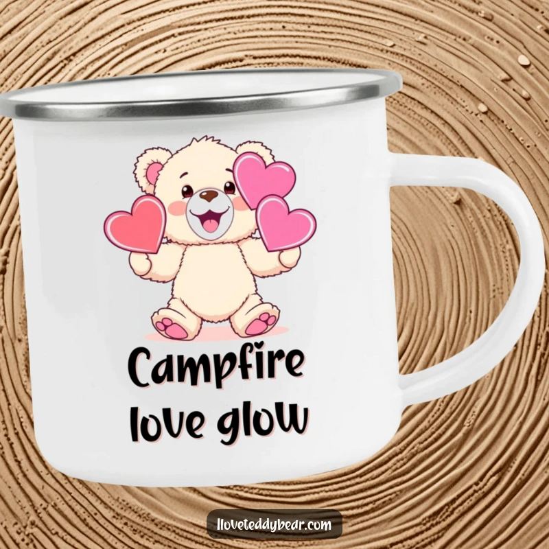 Funny fluffy teddy bear juggling hearts, perfect for a camping mug, funny outdoor gift.