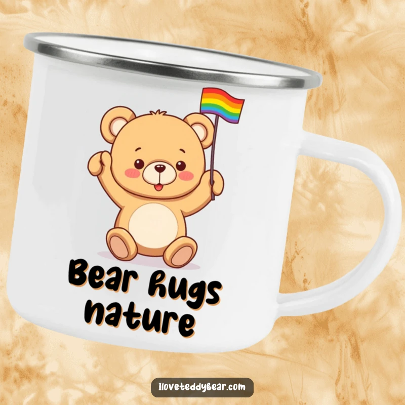 Funny camping mug featuring a teddy bear enthusiastically waving a tiny rainbow flag, designed for outdoor adventures with prideful humor.