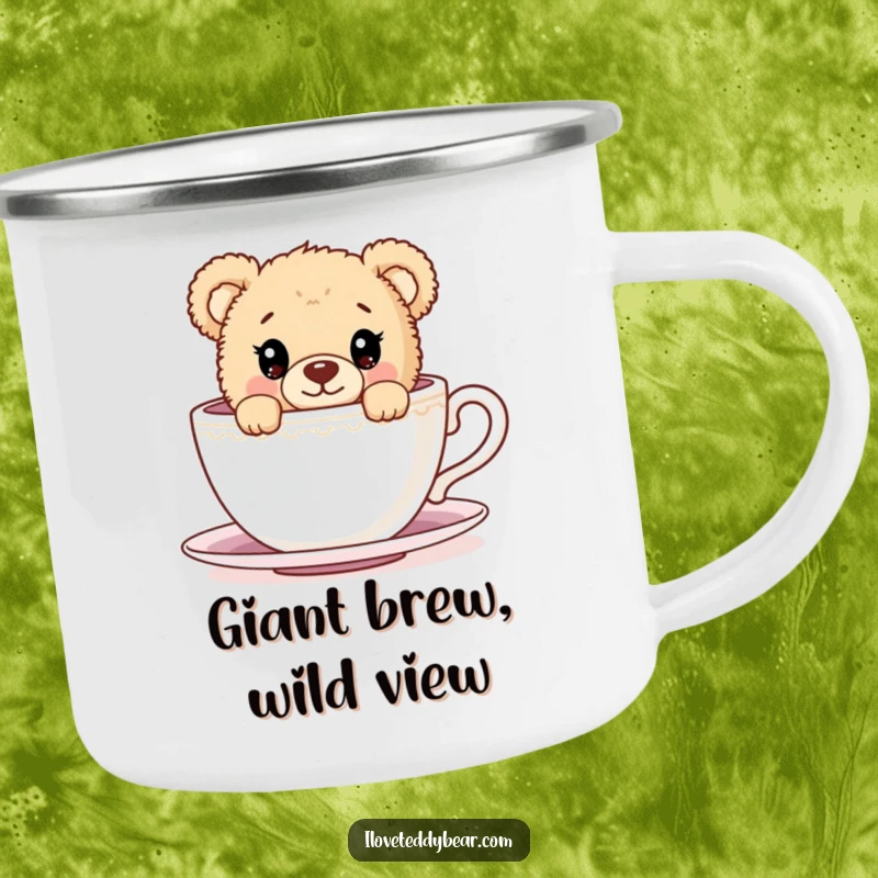 Funny Camping Mug with a teddy bear curiously peeking from behind an oversized teacup, designed for rugged outdoor use with adorable flair.