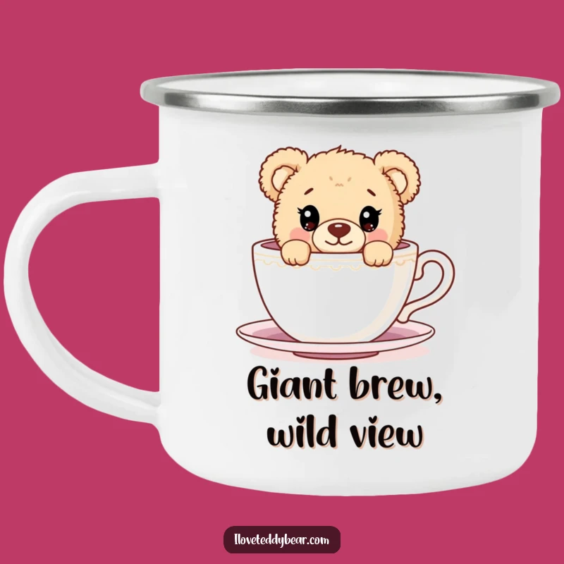 Funny Teddy Bear Teacup Peek Enamel Camping Mug - Outdoor Charm Gift
