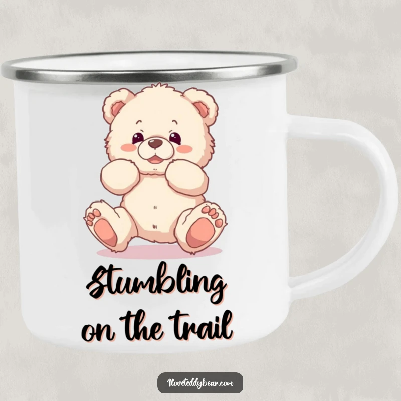 Funny camping mug featuring a fluffy teddy bear comically tripping over its own feet, ideal for outdoor adventures and humorous moments.