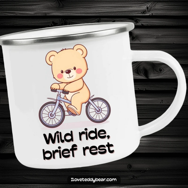 Funny Camping Mug with a teddy bear hilariously wobbling on a small unicycle, designed for durability and outdoor amusement.