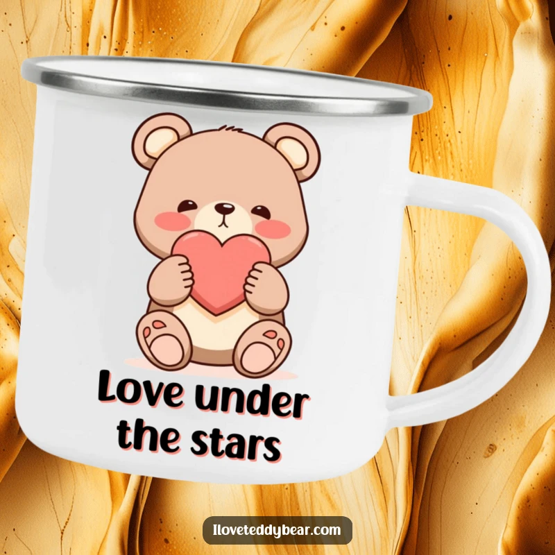 Funny shy bear camping mug, bear offering a single large heart with a blush, cute cartoon art, outdoor beverage ware.