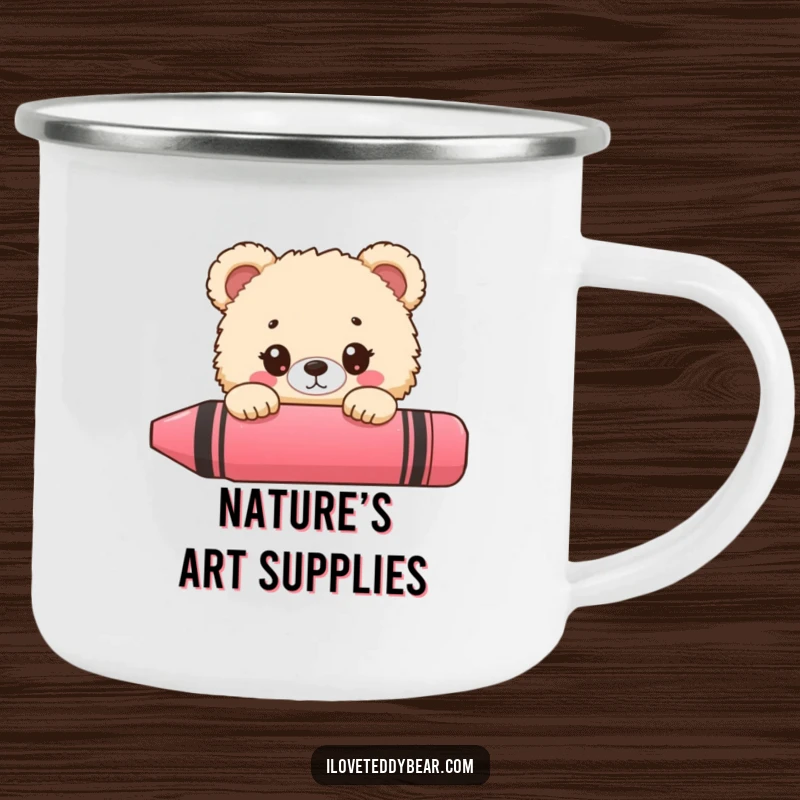 Funny bear camping mug, fluffy bear peeking behind a giant crayon, wide-eyed surprise, durable outdoor art.