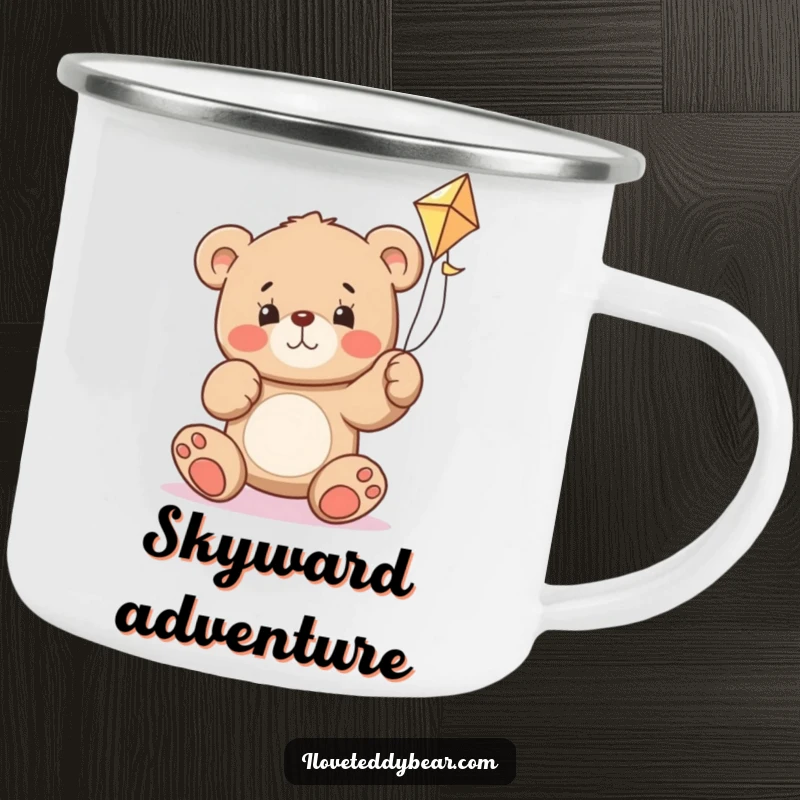 Funny teddy bear camping mug showing a bear determined to fly a kite, ready for outdoor endeavors and laughs.