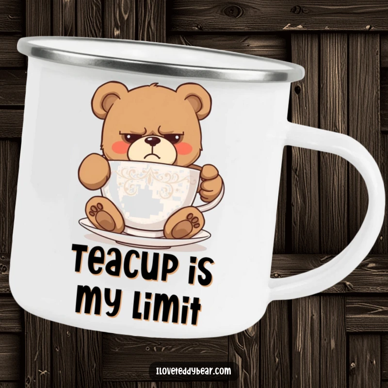 Funny camping mug with a grumpy teddy bear comically crammed into a tiny teacup, ideal for outdoor laughs. A wonderful funny gift.