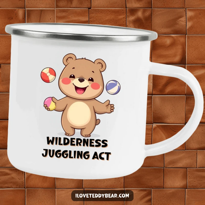 Funny camping mug showcasing a joyful bear juggling, perfect for outdoor enthusiasts who appreciate a humorous touch to their gear.