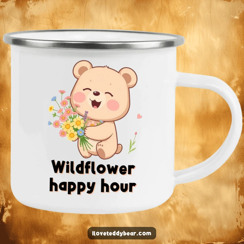 Funny camping mug featuring a happy bear giggling gently while holding wildflowers, perfect for enjoying drinks outdoors.