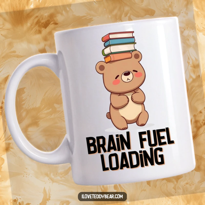 Funny mug featuring a bear giggling while precariously balancing a tall stack of books on its head.