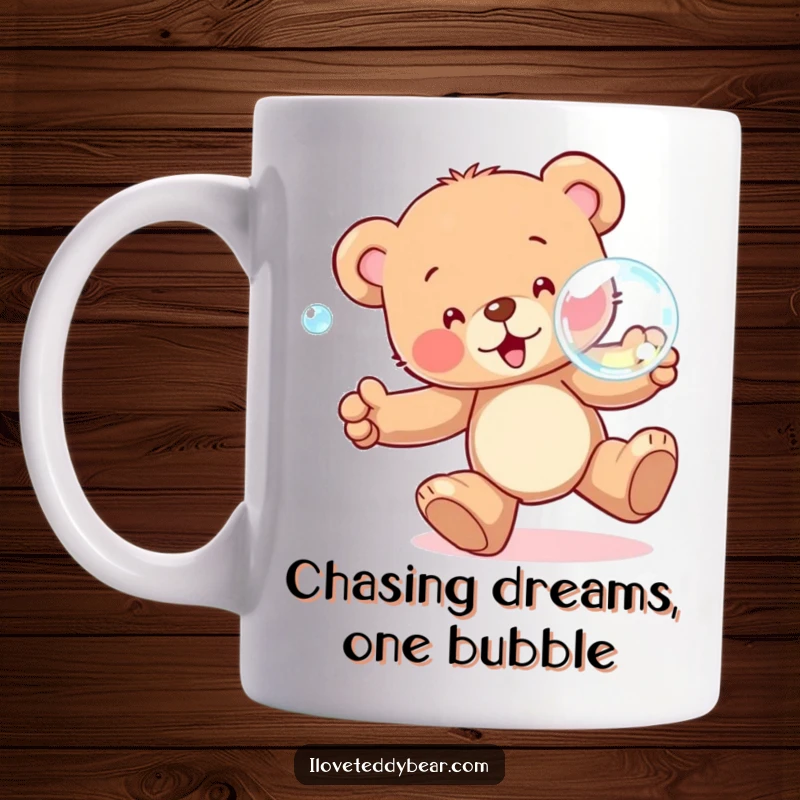 Funny Mug featuring a cute teddy bear gleefully chasing a large, shimmering bubble, conveying pure excitement and playful abandon.