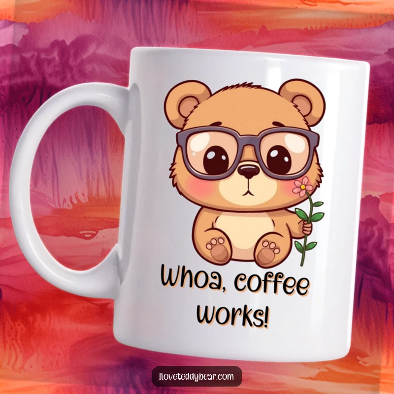 Funny mug showing a bear wearing huge glasses, eyes wide in surprise as it discovers a tiny flower.