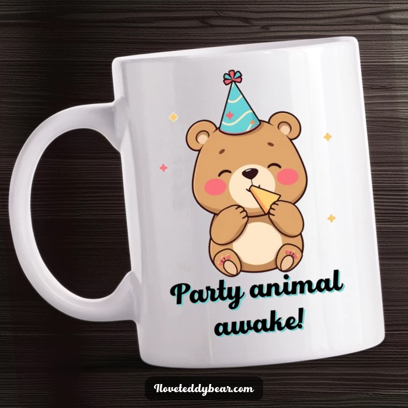 Funny mug featuring a happy bear in a tiny party hat, blowing a noisemaker with pure glee and excitement.