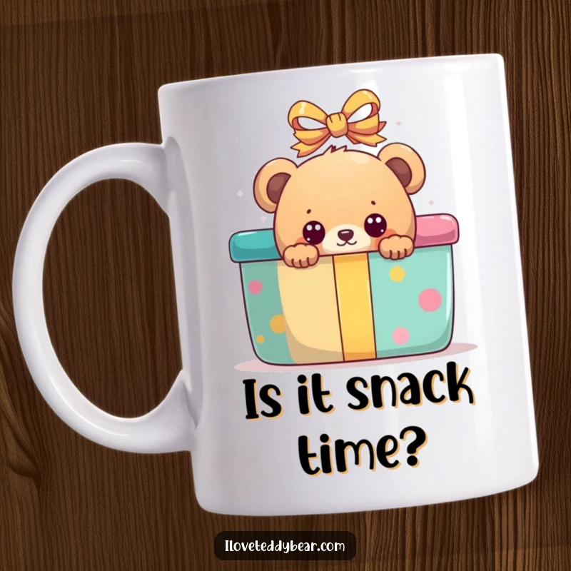 Funny mug depicting a bear with wide, excited eyes peeking from behind a huge, colorful gift box.