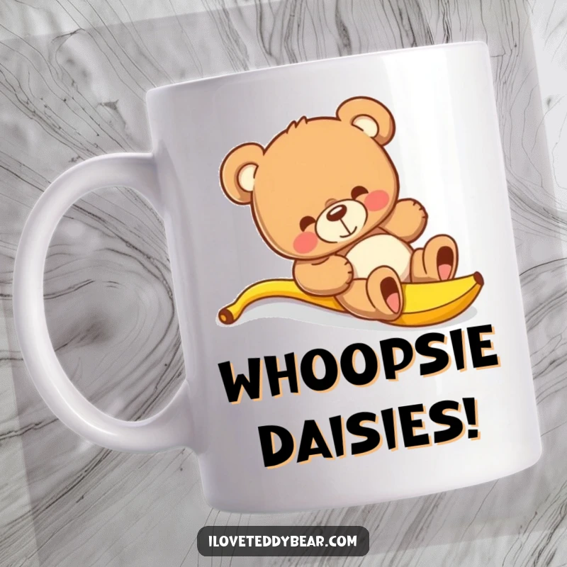 Funny teddy bear mug capturing a comical moment of slipping on a bright yellow banana peel, showing surprise and a bit of chaos.