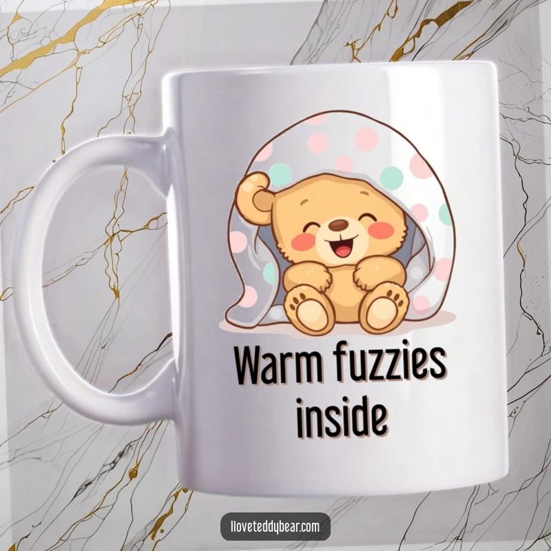 Funny Mug featuring a giggling teddy bear peeking out from under a fun polka-dot blanket, embodying comfort and playful secrecy.