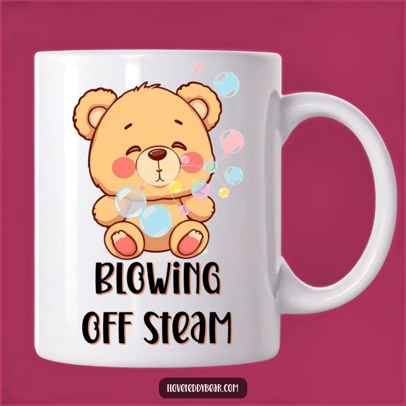 Add a pop of fun to your day with this mug featuring a teddy bear blowing colorful bubbles, a truly cheerful and funny sight.