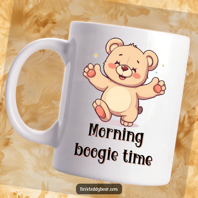 Funny Mug depicting a cute teddy bear enthusiastically doing a silly dance with its paws thrown playfully in the air, radiating pure joy.