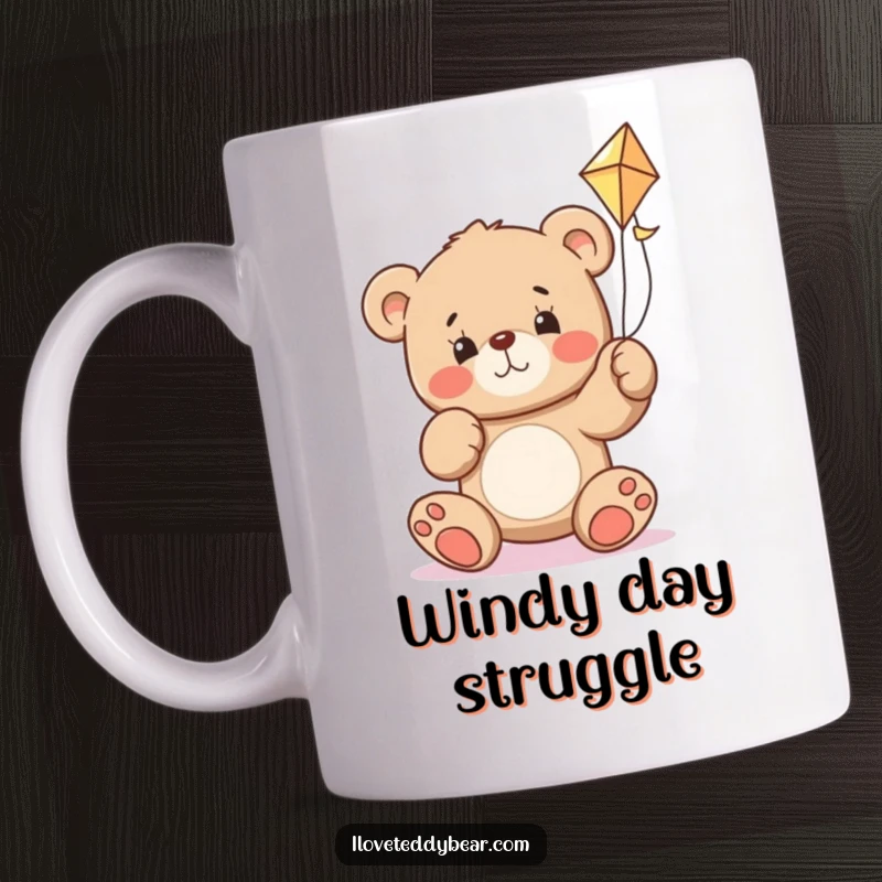 Funny teddy bear mug showing a bear with a determined expression, struggling to get a kite airborne.