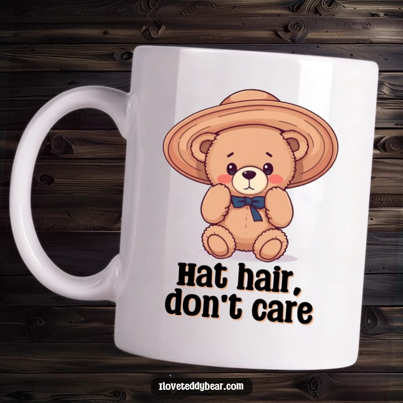 Funny Mug depicts a cute teddy bear comically trying to fit into an enormous, floppy hat, looking endearingly bewildered.