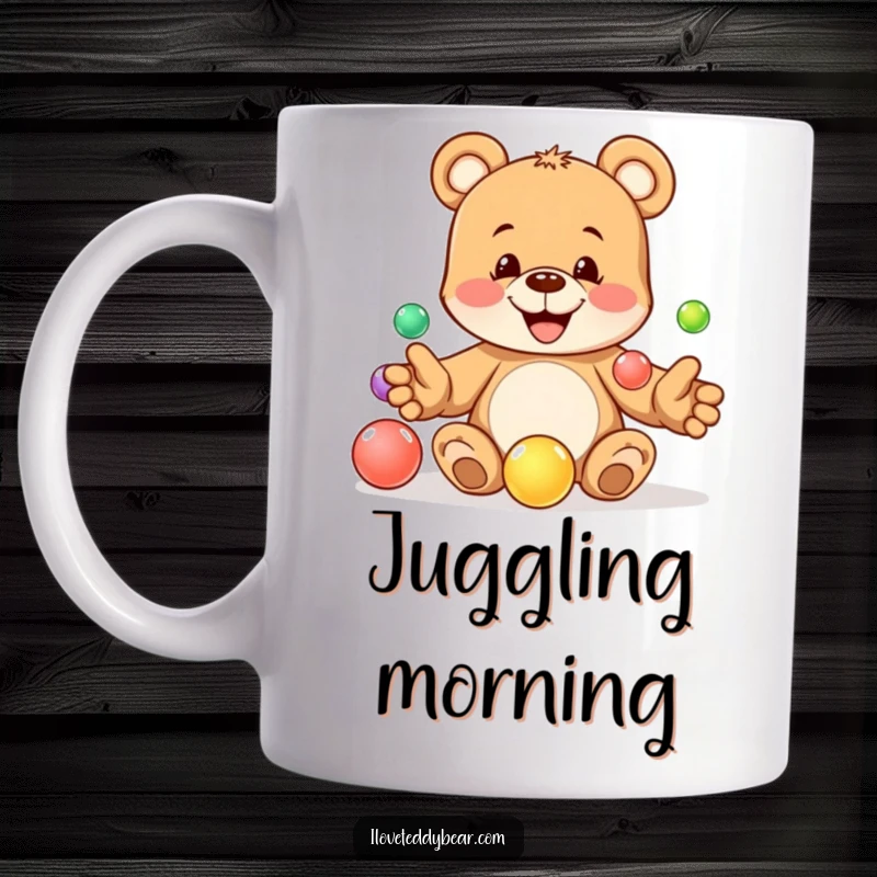 Funny mug with a playful teddy bear grinning mischievously while attempting to juggle five colorful marbles. A fun funny gift.