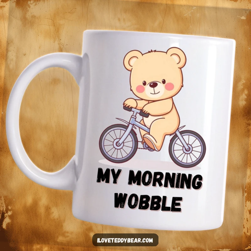 Funny Mug featuring a determined teddy bear precariously wobbling while attempting to ride a tiny unicycle, bringing comic relief.