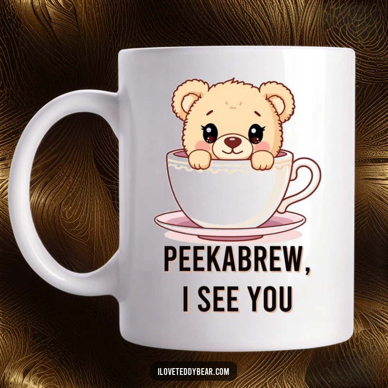 Funny Mug featuring a wide-eyed teddy bear peeking curiously from behind an oversized teacup, capturing a moment of playful wonder.